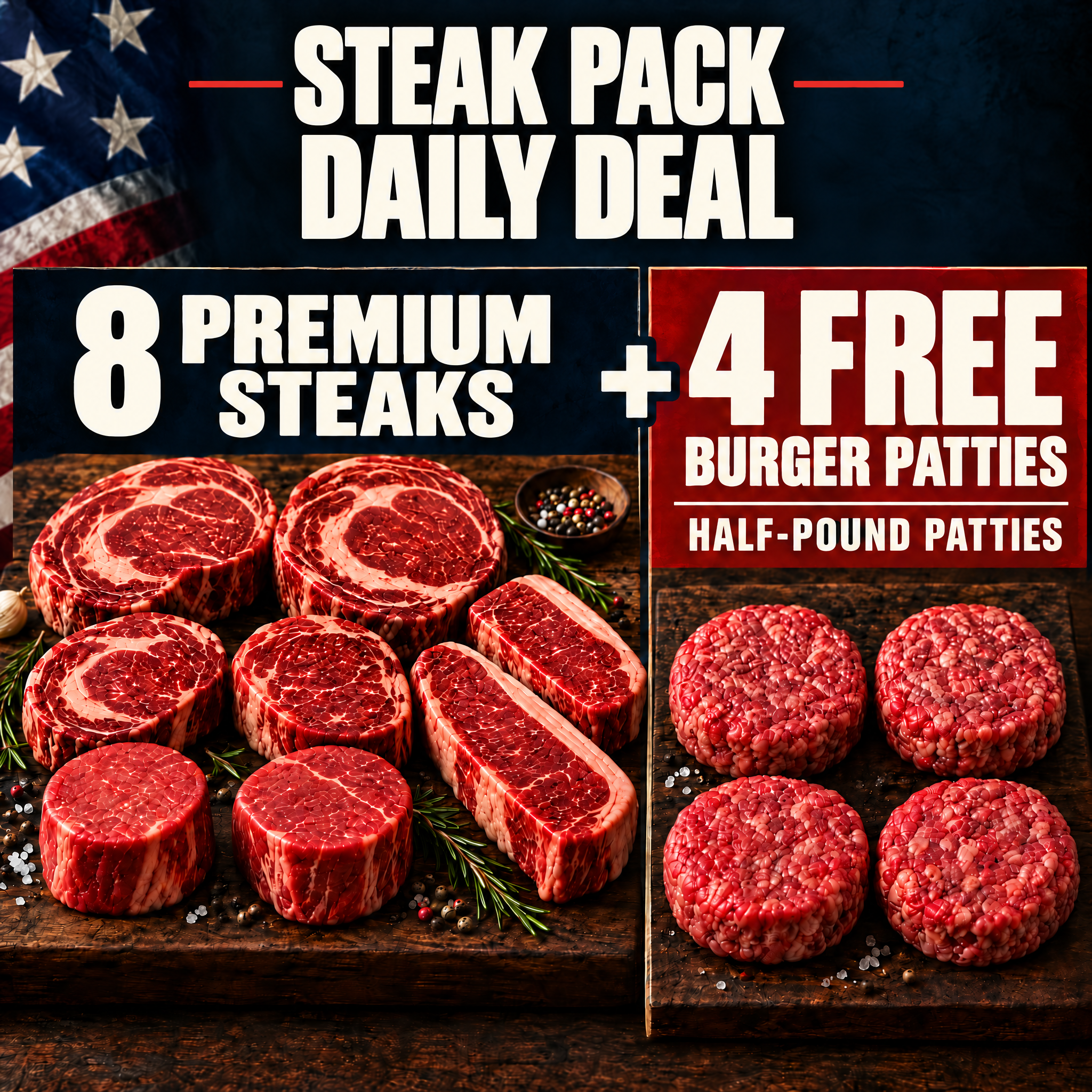 STEAK PACK – DAILY DEAL + 4 FREE HALF-POUND BURGER PATTIES
